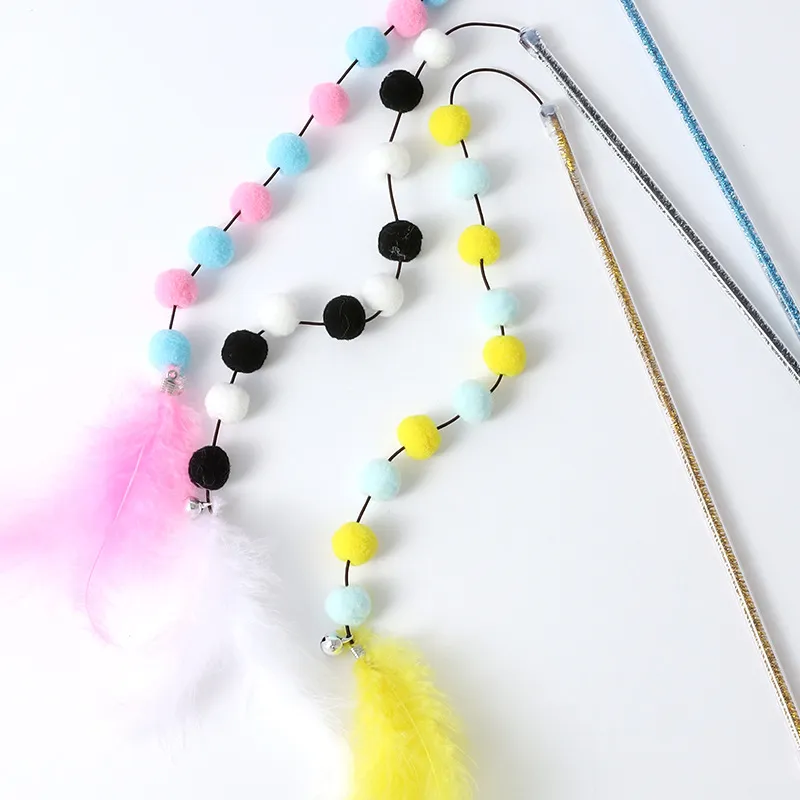 Jouet Interactif pour Chats avec Pompons et Plumes - Canne à Pêche Ludique pour Chats – Image 3